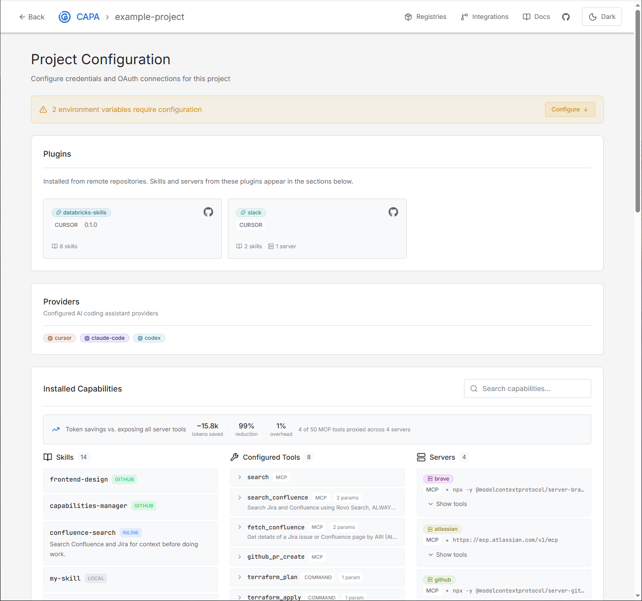 CAPA project view showing installed plugins, configured providers, and the skills, tools, and servers panels.